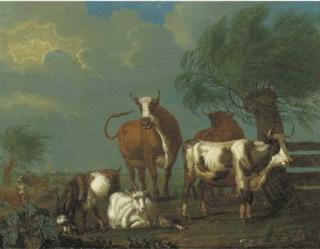 Jan Van Gool - A pastoral landscape with cattle and goats by a fence