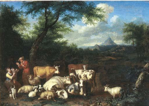 Jan Van Gool - A wooded landscape with a herdsman and shepherdess resting with their flocks