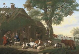 Jan van Gool - An Elegant Company By A Tavern, With Cows, Sheep, Goats And Other Animals