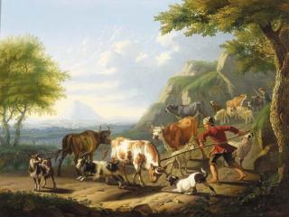 Jan Van Gool - An Italianate landscape with a herdsman and his dog restraining a bull