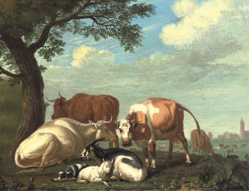 Jan van Gool - Cows And Goats Resting By A Tree, A Village Beyond