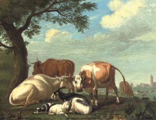 Jan van Gool - Cows And Goats Resting By A Tree, A Village Beyond