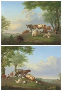 Jan Van Gool - Drovers With Cattle And Goats In A Landscape; And Drovers With Cattle And Sheep In A Landscape