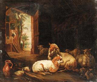Jan Van Gool - The interior of a barn with sheep and ducks resting, a maid entering a house beyond