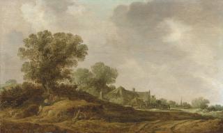 Jan Van Goyen - A dune landscape with figures resting by a path, boats on a lake beyond