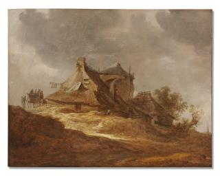 Jan Van Goyen - A dune landscape with travellers near an inn, a church in the distance