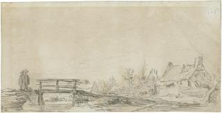 Jan Van Goyen - A landscape with two figures approaching a bridge, and cottages to the right