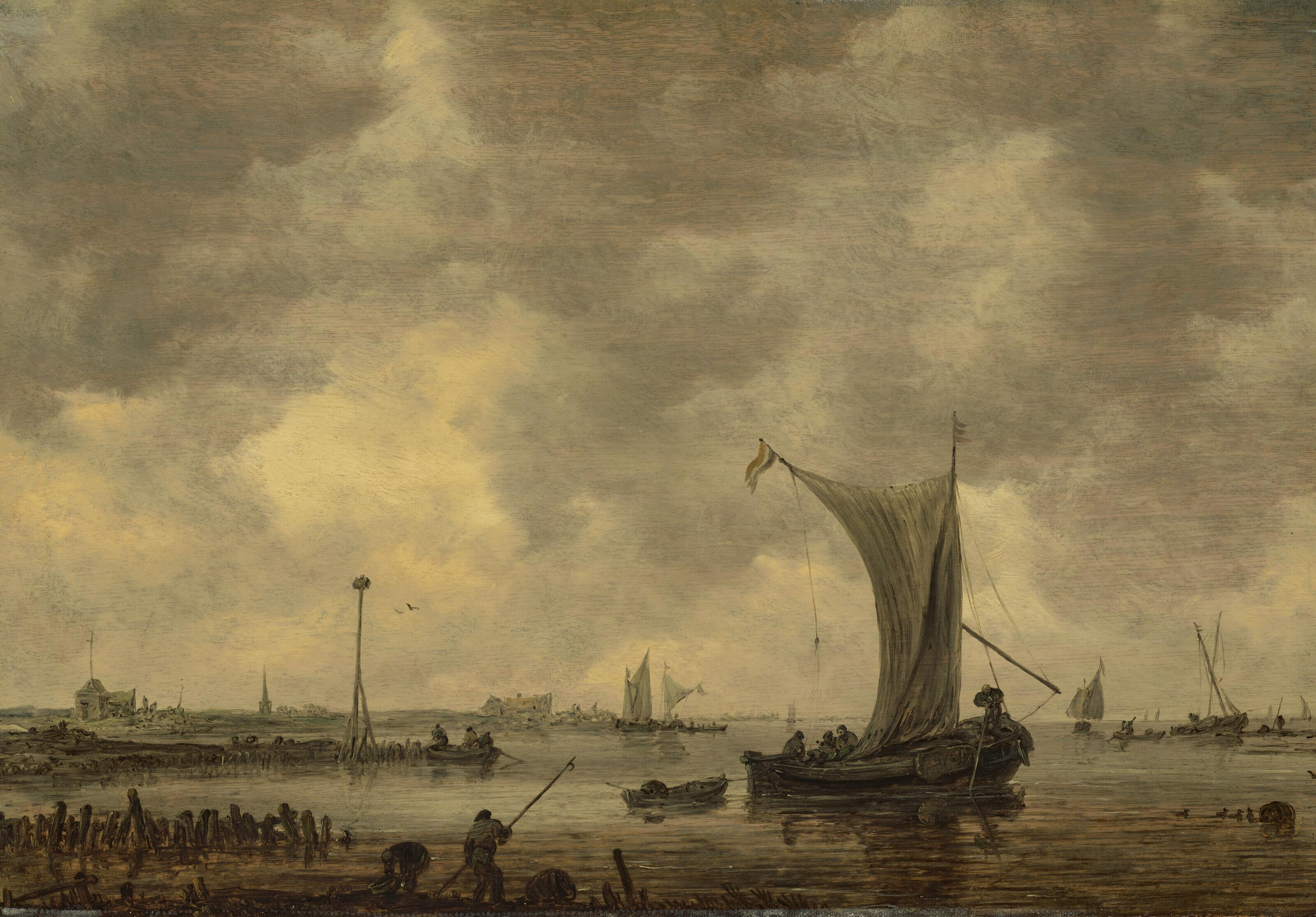 Jan Van Goyen - A river estuary with shipping and fishermen on the shore