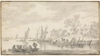 Jan Van Goyen - A river landscape with a ferry and other boats