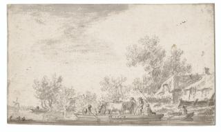 Jan Van Goyen - A river landscape with a ferry carrying livestock and peasants