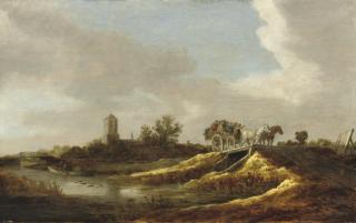 Jan Van Goyen - A river landscape with figures in a horse-drawn cart crossing a bridge, a village with a church beyond