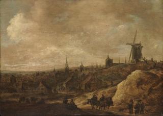 Jan van Goyen - A village landscape with a windmill, peasants with a horse and carriage on a track