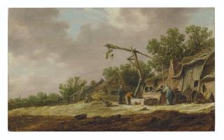 Jan Van Goyen - A village landscape with figures at a well