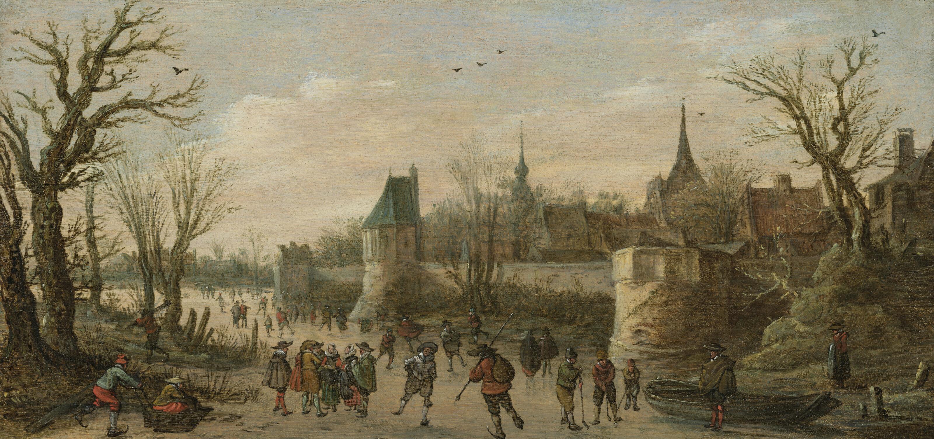 Jan Van Goyen - A winter landscape with townspeople ice skating before a fortified town