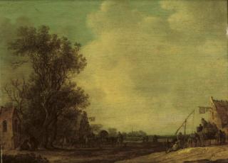 Jan van Goyen - A wooded landscape with travellers outside an inn