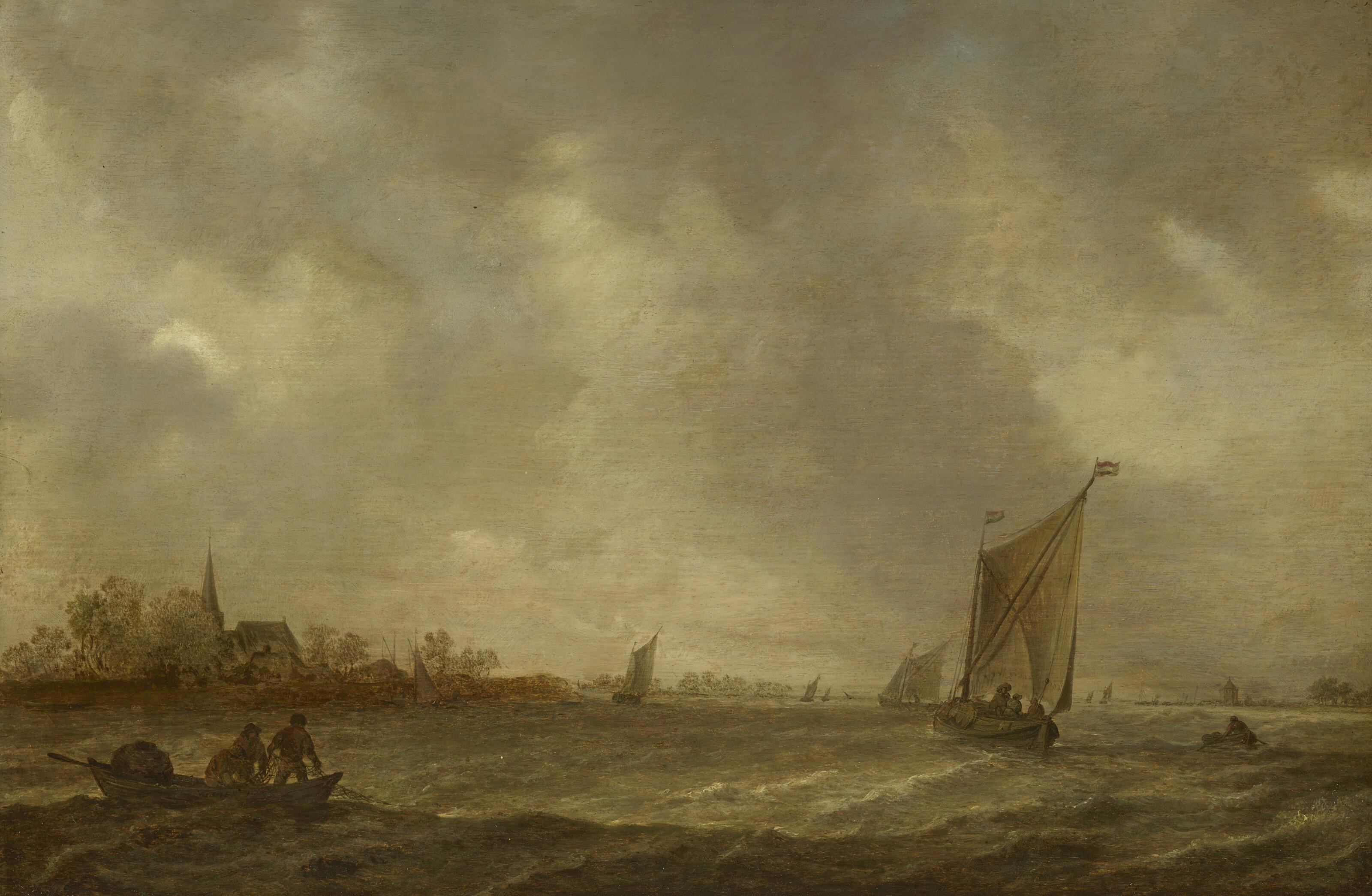 Jan Van Goyen - An estuary with fisherman and shipping and a church to the left