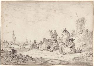 Jan Van Goyen - Figures seated in the dunes, a tower to the right, awaiting the return of the fishing fleet