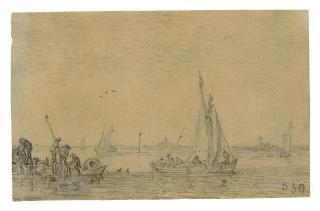 Jan van Goyen - Figures unloading a rowing boat in an estuary