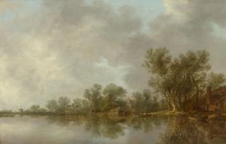 Jan van Goyen - Flusslandschaft mit Bauernhäusern unter Bäumen