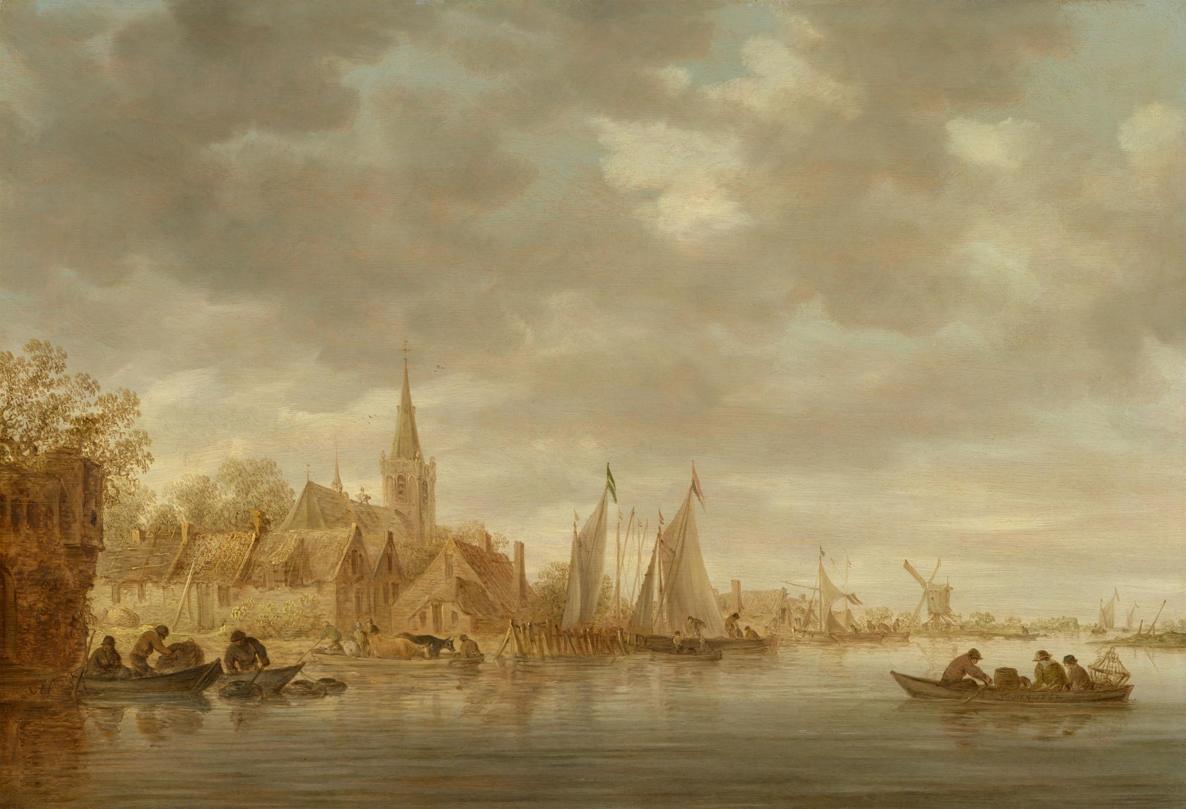 Jan van Goyen - Flusslandschaft mit Turm, Dorf und Windmühle