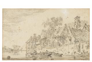 Jan van Goyen - Houses on the shore with an empty boat and a boat with fishermen
