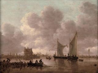 Jan van Goyen - \'Smalschips\' on the Kil near the Oude Wachthuis with fishermen raising a net off a jetty, the Grote Kerk at Dordrecht beyond