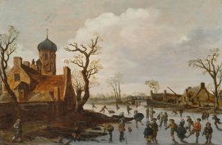 Jan Van Goyen - Winterlandschaft mit Eisläufern.