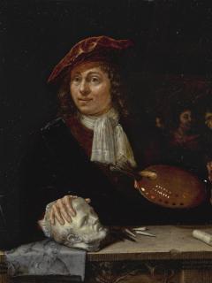 Jan Van Haensbergen - A Portrait Of An Artist Wearing A Red Hat, Half Length, Behind A Ledge 