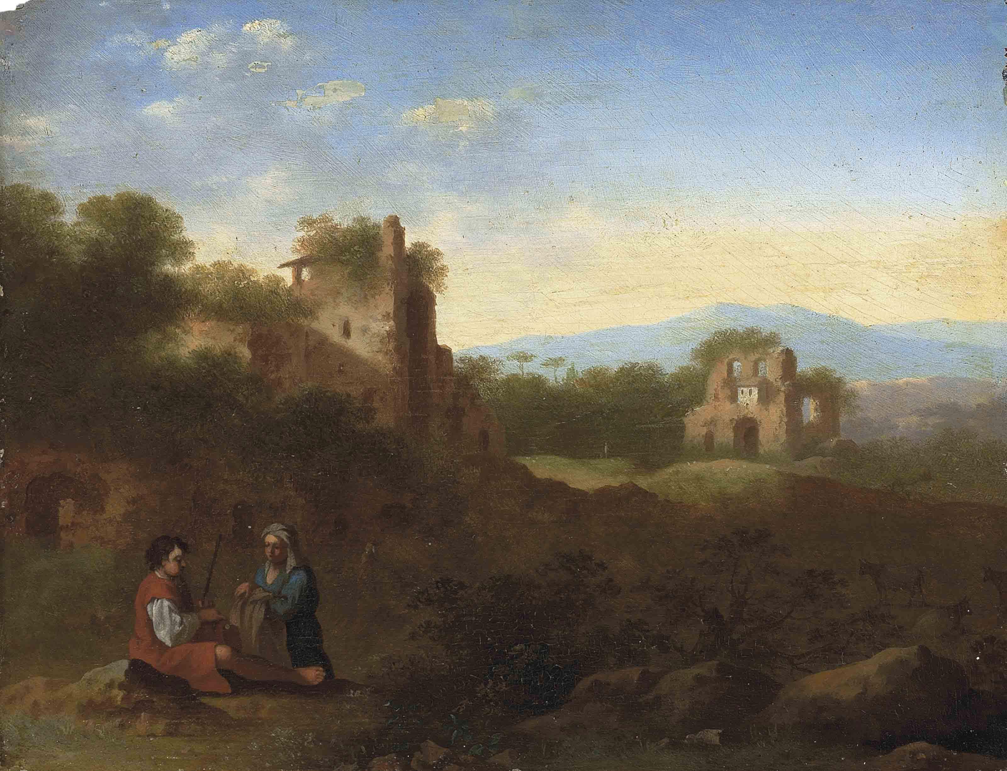 Jan van Haensbergen - An Italianate wooded river landscape with a shepherd and shepherdess at rest, classical ruins beyond