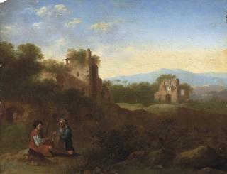 Jan van Haensbergen - An Italianate wooded river landscape with a shepherd and shepherdess at rest, classical ruins beyond