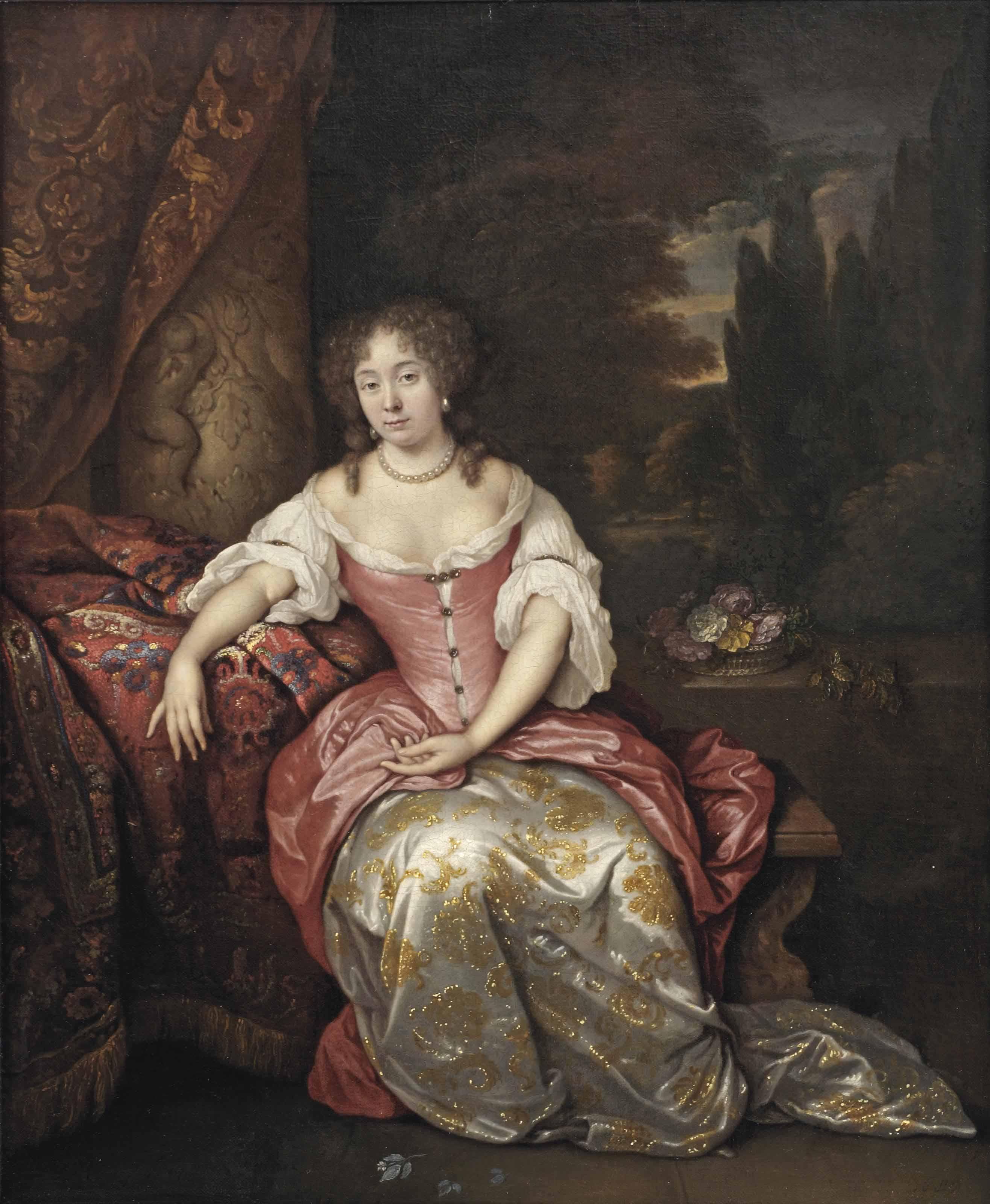 Jan van Haensbergen - Portrait of a lady, full-length, in a red and gold embroidered silk dress, seated on a marble bench before a classical column and curtain, a park landscape beyond