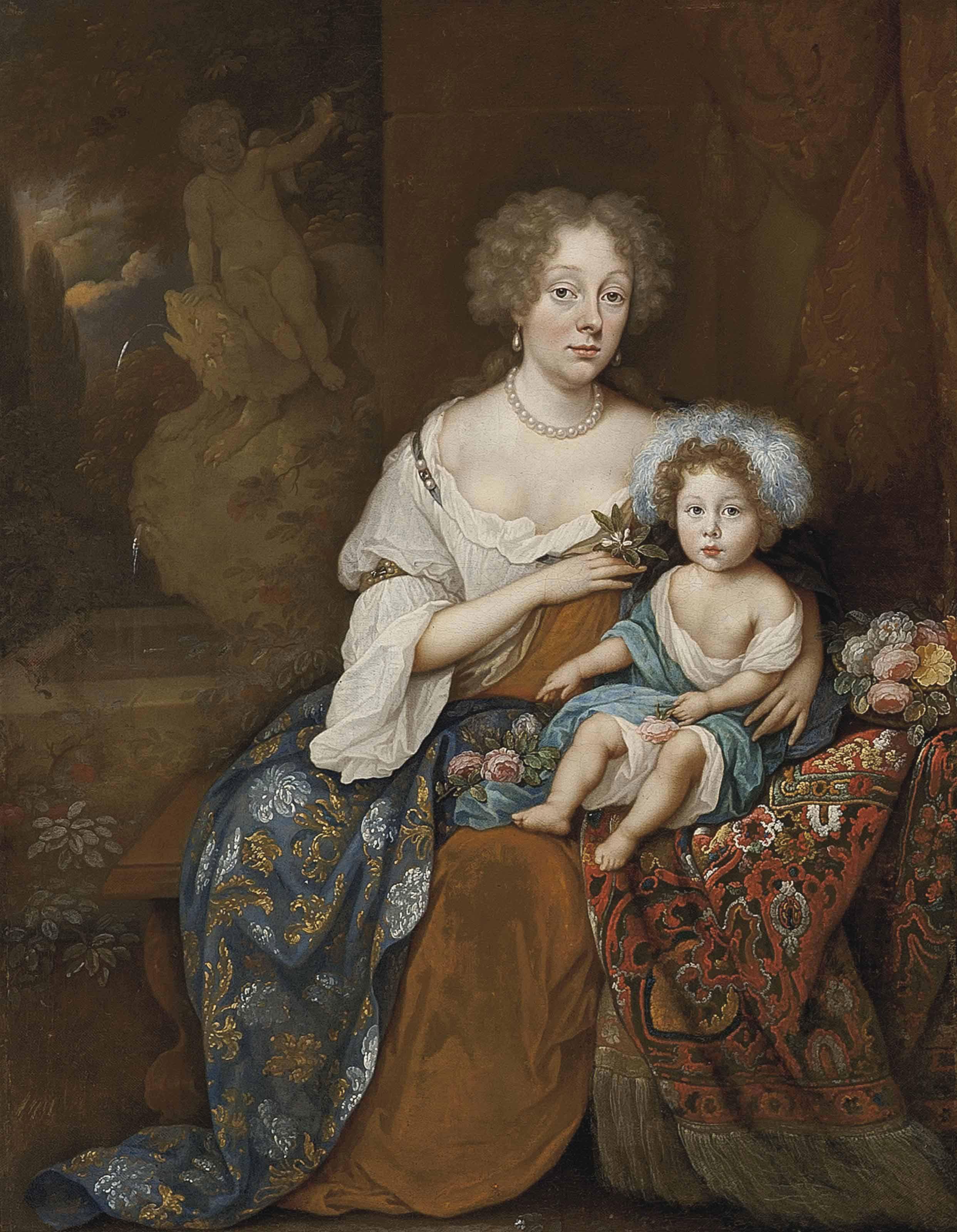 Jan van Haensbergen - Portrait of a lady, full-length, seated in a brown and white dress and an embroidered cloak, an orange blossom in her right hand, with a child seated a fountain beyond