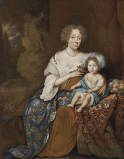 Jan van Haensbergen - Portrait of a lady, full-length, seated in a brown and white dress and an embroidered cloak, an orange blossom in her right hand, with a child seated a fountain beyond