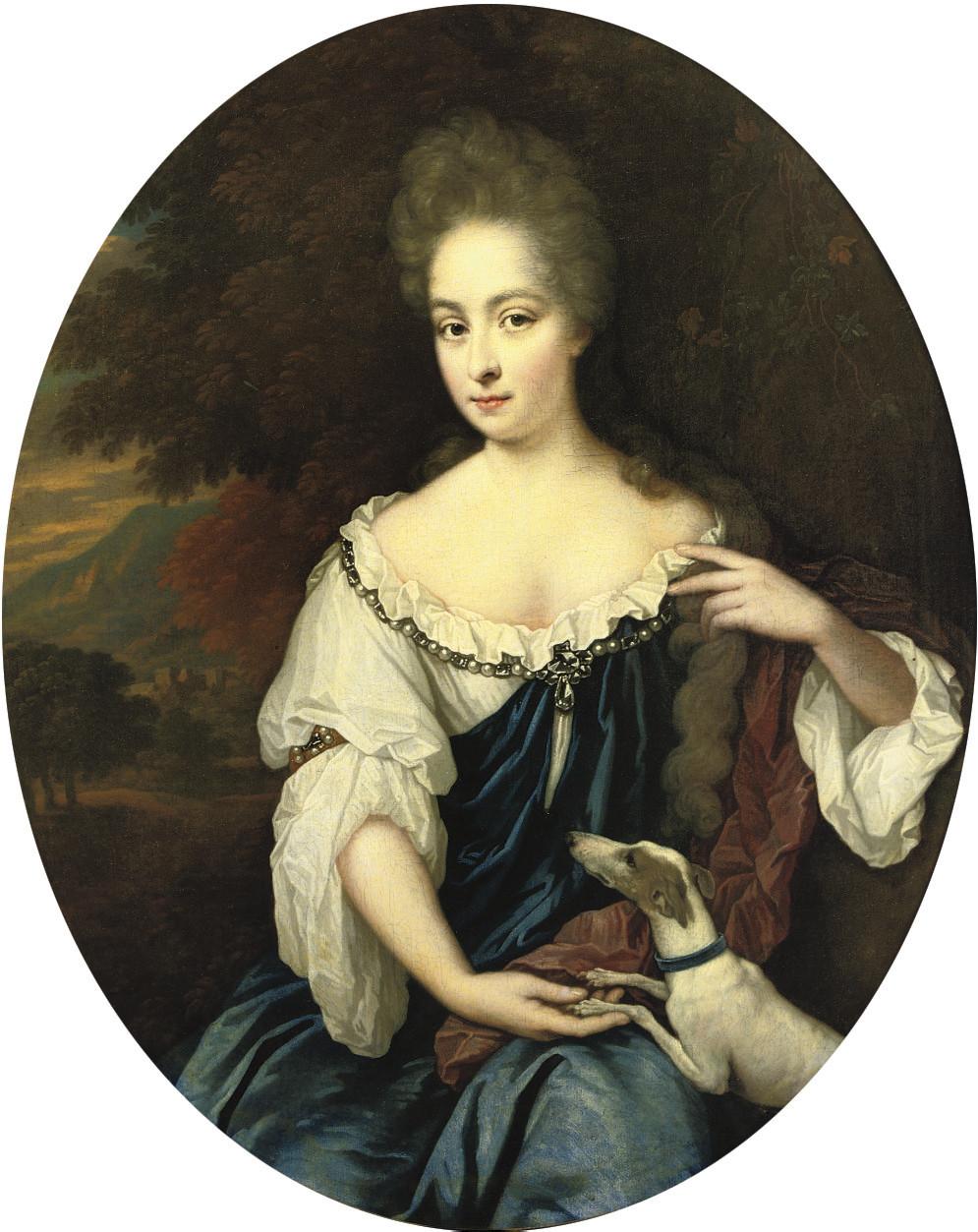 Jan Van Haensbergen - Portrait of a lady, three-quarter-length, in a blue dress with a white chemise and a crimson wrap with a dog by her side