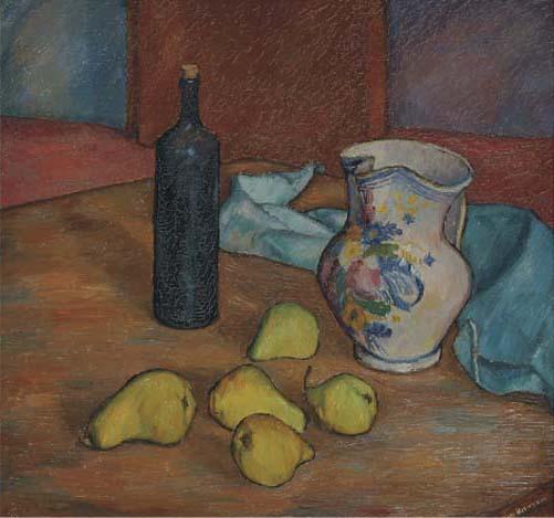 Jan van Herwijnen - A still life with a jug, a bottle and pears