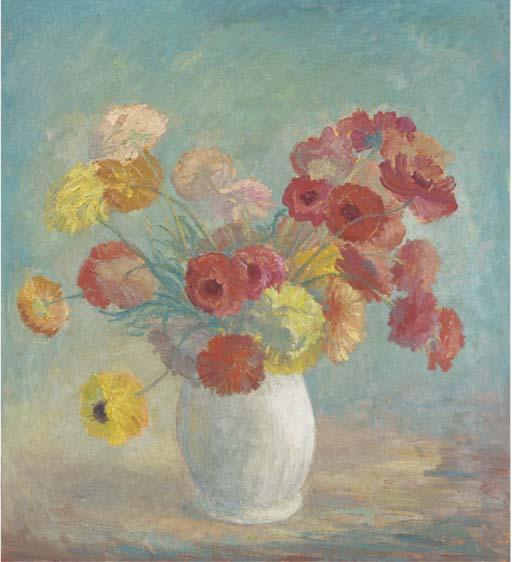 Jan Van Herwijnen - A still life with red, yellow and pink flowers in a white vase