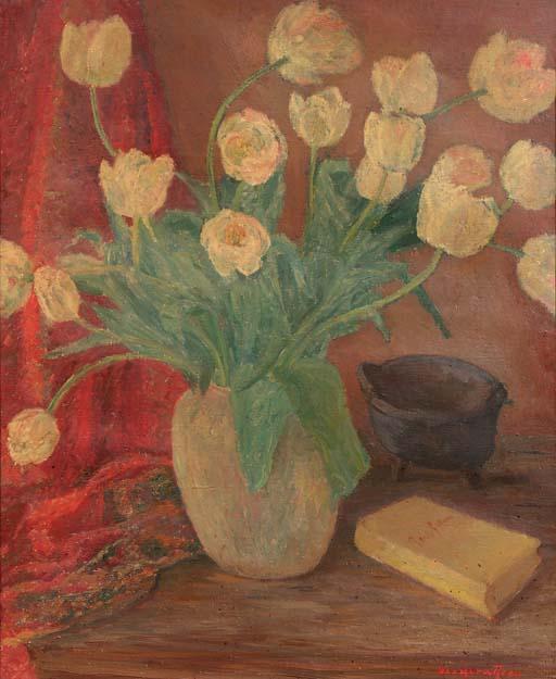Jan van Herwijnen - A still life with tulips and a book