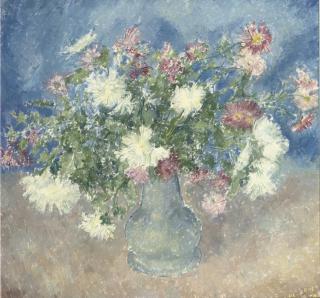Jan van Herwijnen - A still life with white and pink flowers in a blue vase