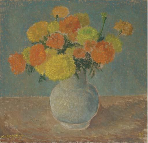 Jan van Herwijnen - A still life with yellow and orange flowers in a vase
