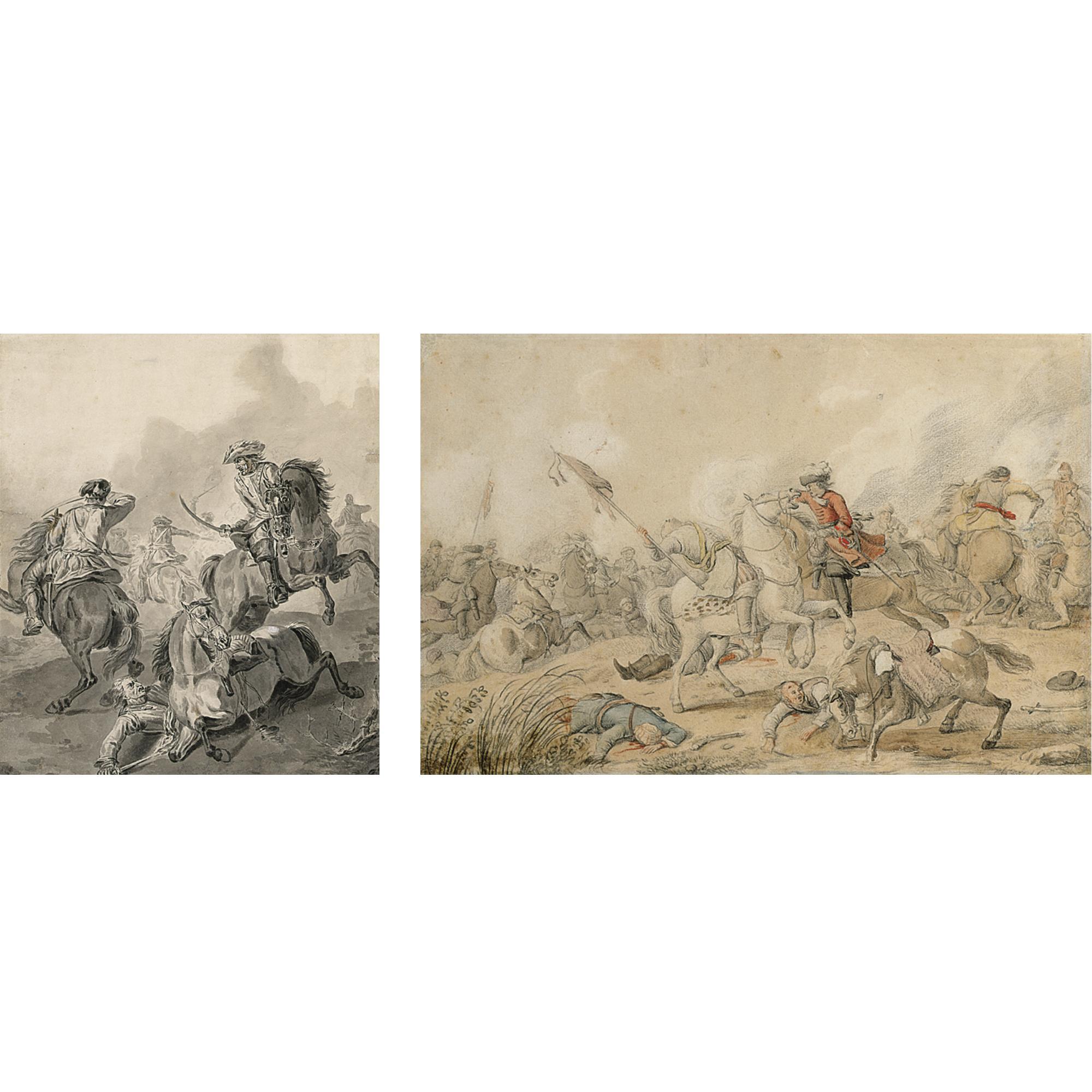 Jan van Huchtenburg - A Cavalry Battle Scene, With A Fallen Horse And Soldier In The Foreground