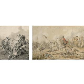 Jan van Huchtenburg - A Cavalry Battle Scene, With A Fallen Horse And Soldier In The Foreground