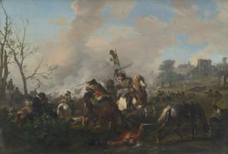 Jan van Huchtenburg - A Cavalry Battle, With A Town Beyond