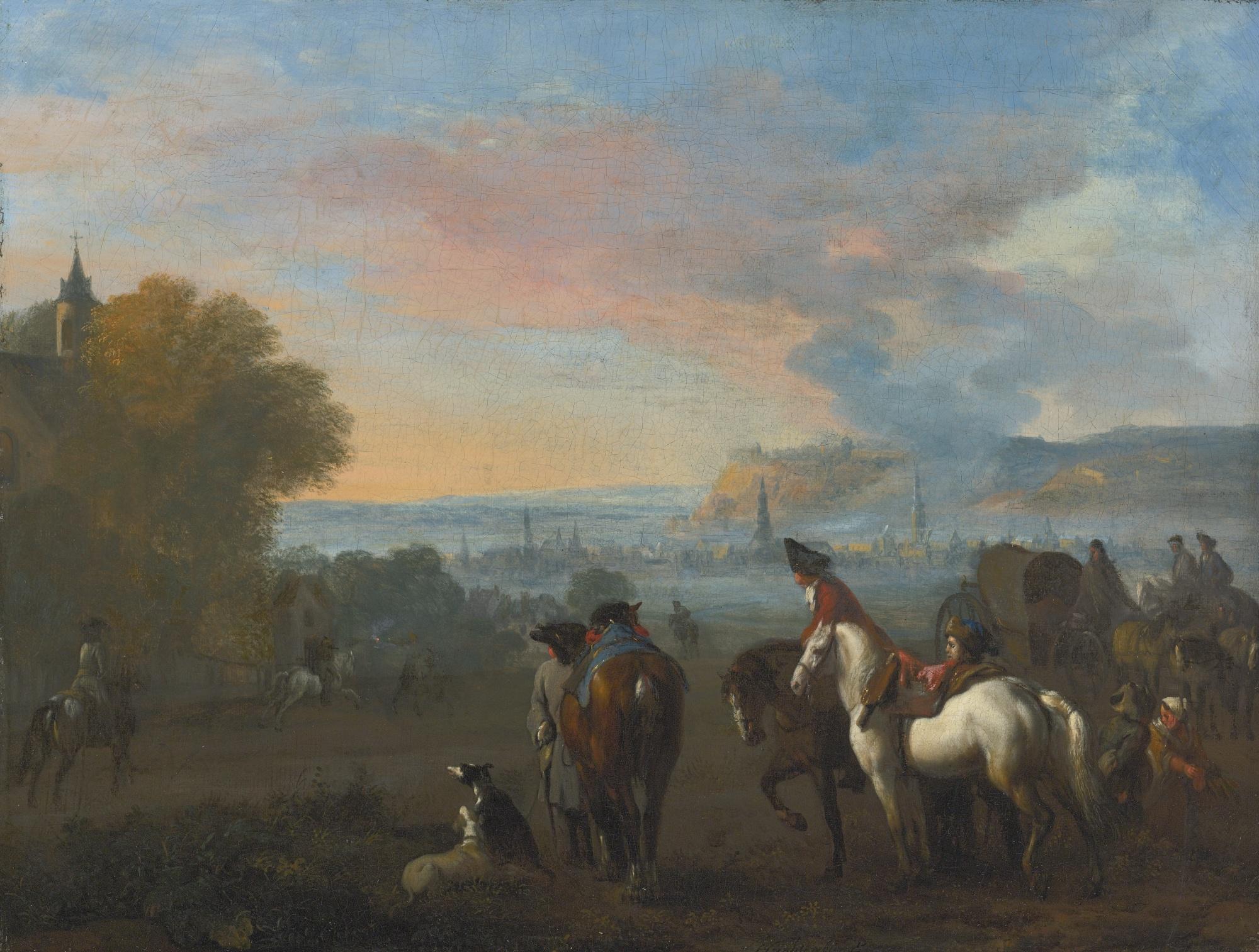 Jan van Huchtenburg - Landscape With Two Horsemen Duelling, Figures And A Town Beyond