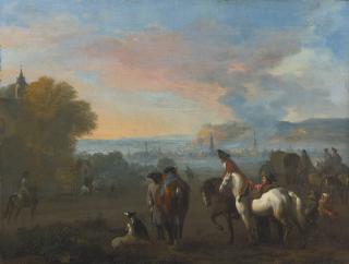 Jan van Huchtenburg - Landscape With Two Horsemen Duelling, Figures And A Town Beyond