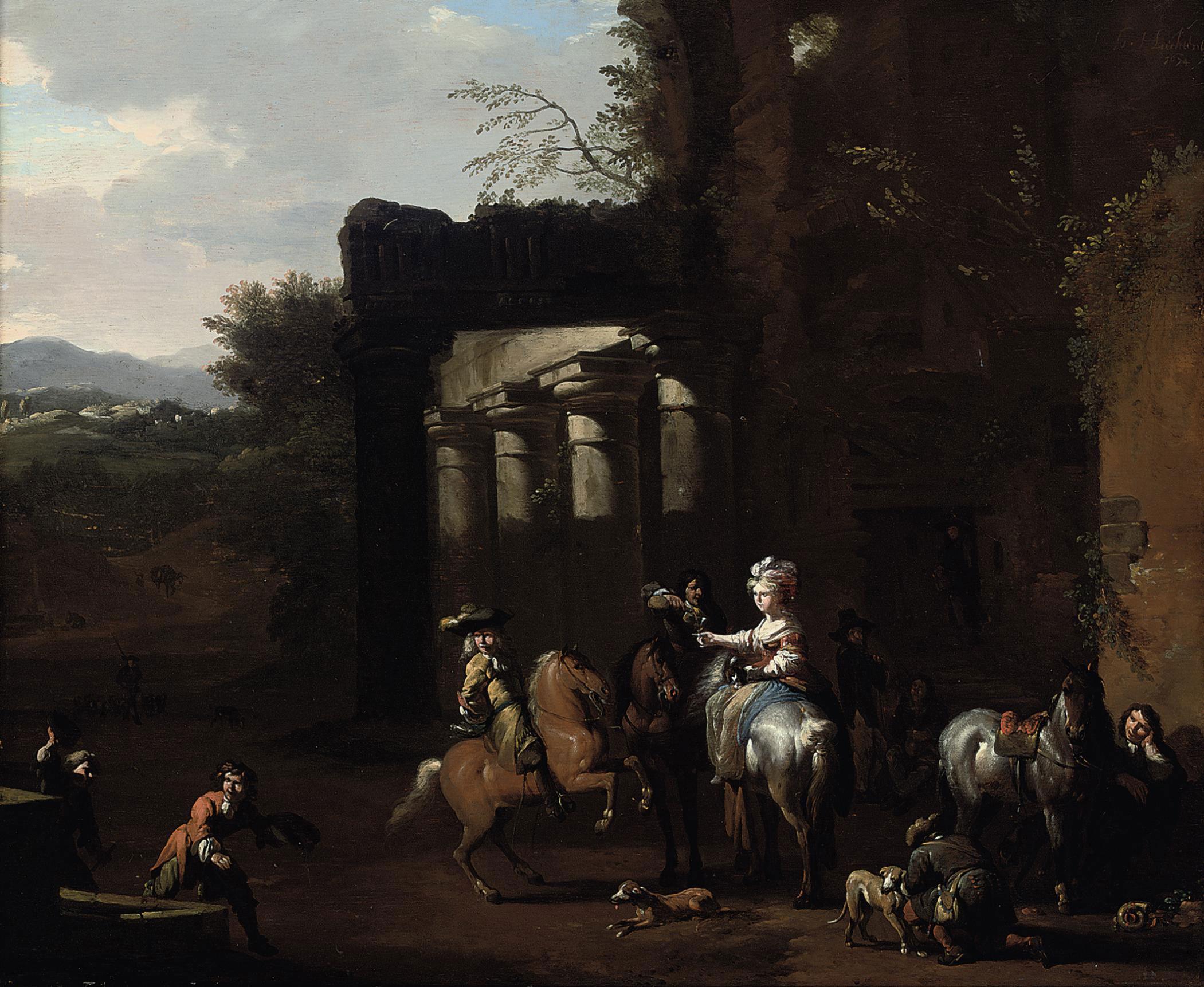 Jan van Huchtenburgh - A hunting party at rest beside classical ruins