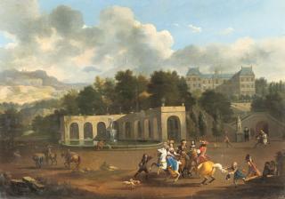 Jan van Huchtenburgh - Elegante Reitergesellschaft in einem Park vor einem Schloss
