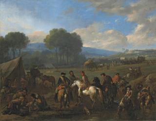 Jan van Huchtenburgh - Soldiers and horsemen resting in a military encampment, in a wooded valley