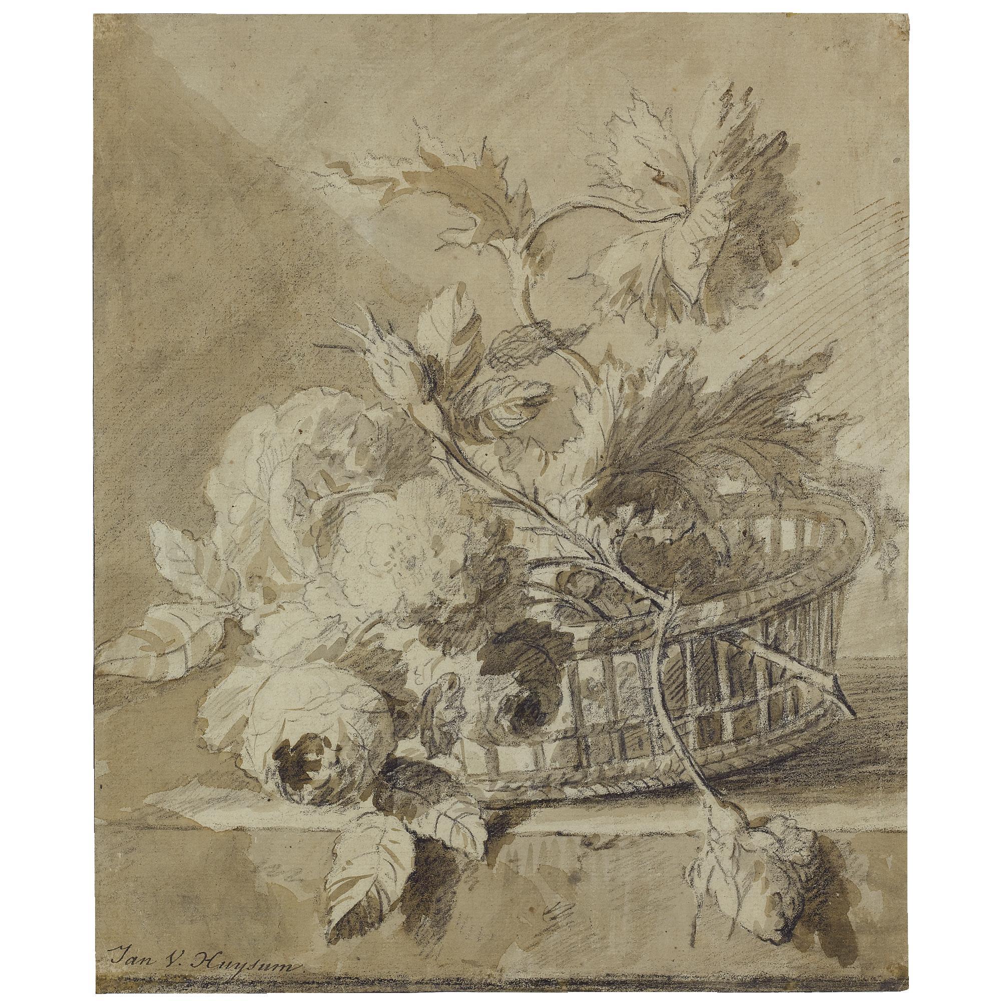 Jan van Huysum - A Basket Of Flowers On A Plinth