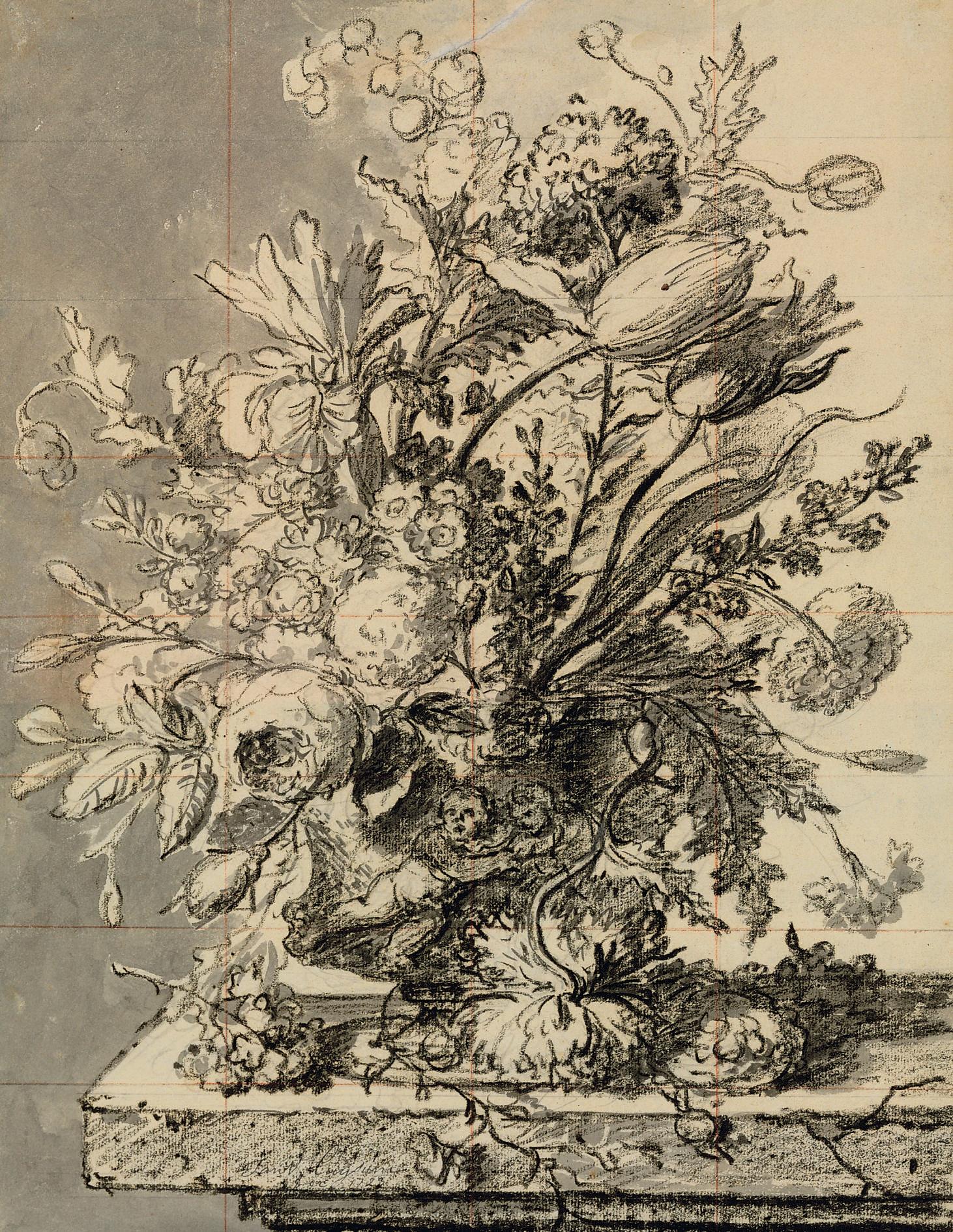 Jan van Huysum - A bouquet of flowers in a terracotta vase resting on a ledge