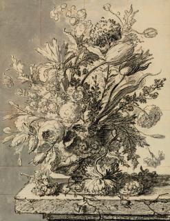 Jan van Huysum - A bouquet of flowers in a terracotta vase resting on a ledge